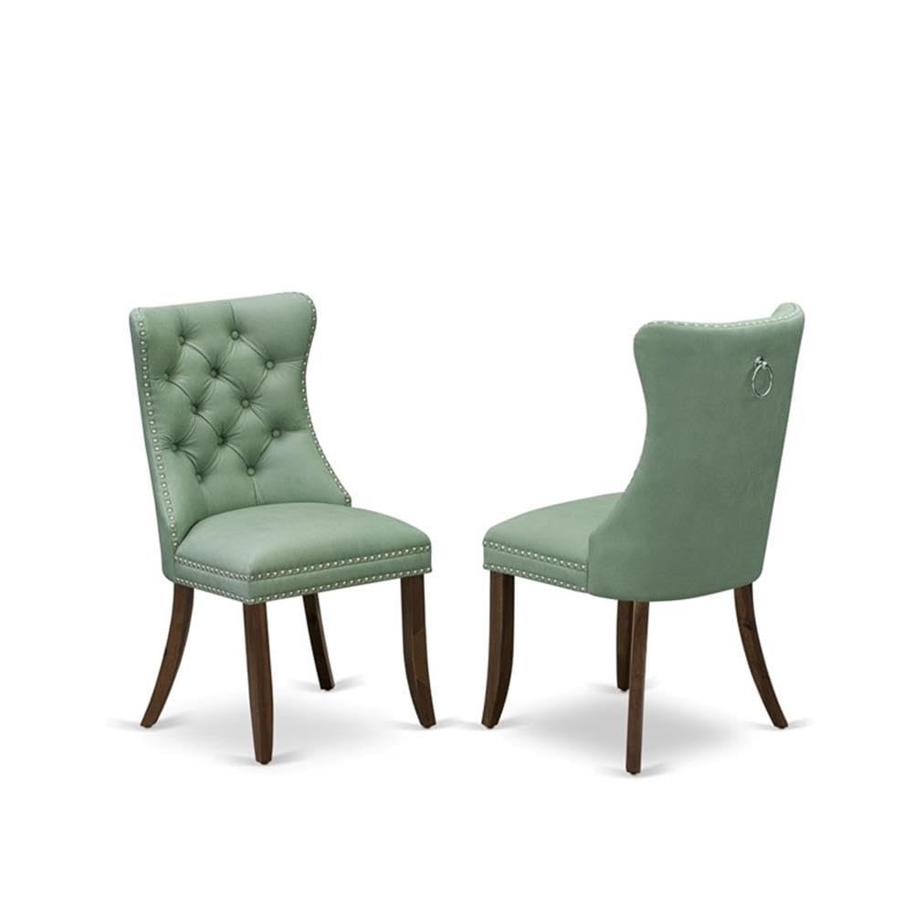 9-Piece Walnut Finish Acacia Wood Dining Room Set with Willow Green Faux Leather Upholstered Chairs J205267