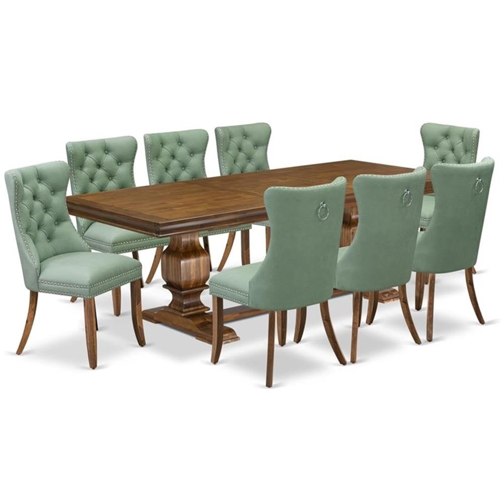 9-Piece Walnut Finish Acacia Wood Dining Room Set with Willow Green Faux Leather Upholstered Chairs J205267