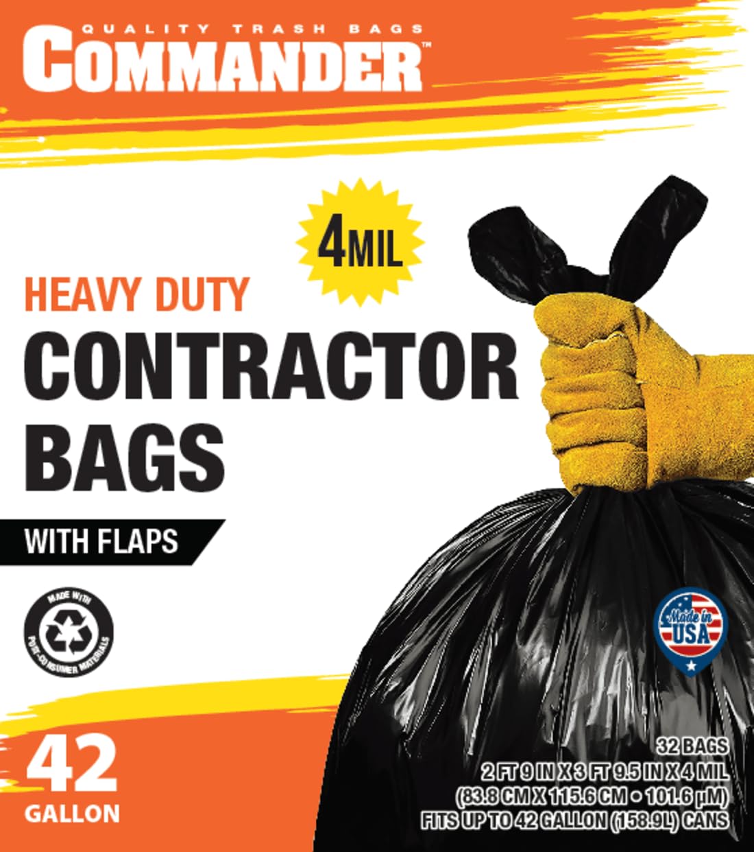 42 Gallon 4 MIL Black Heavy Duty Trash Bags Pack of 32 M59812