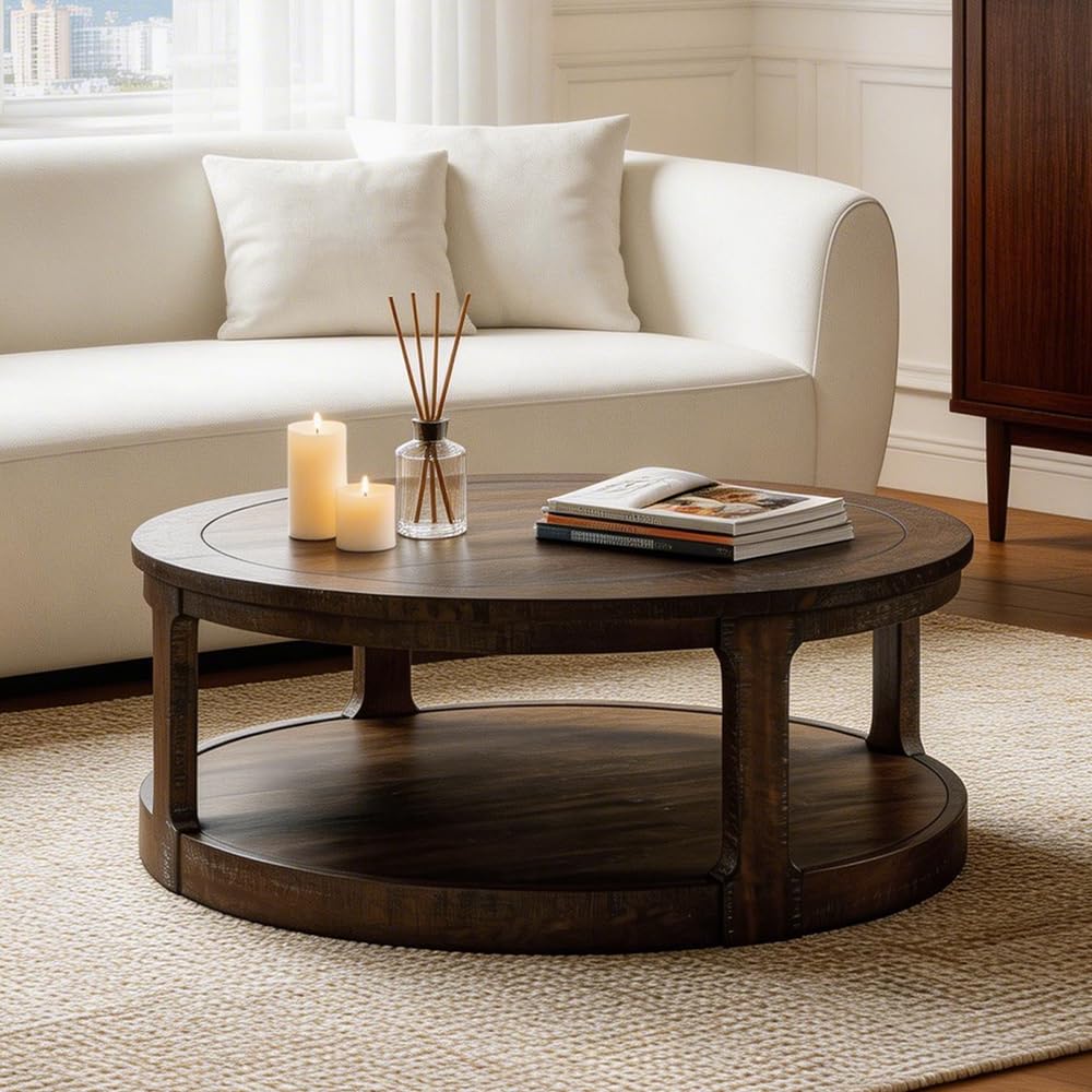 40" Round 2 Tier Solid Wood Coffee Table with Wheels S5552