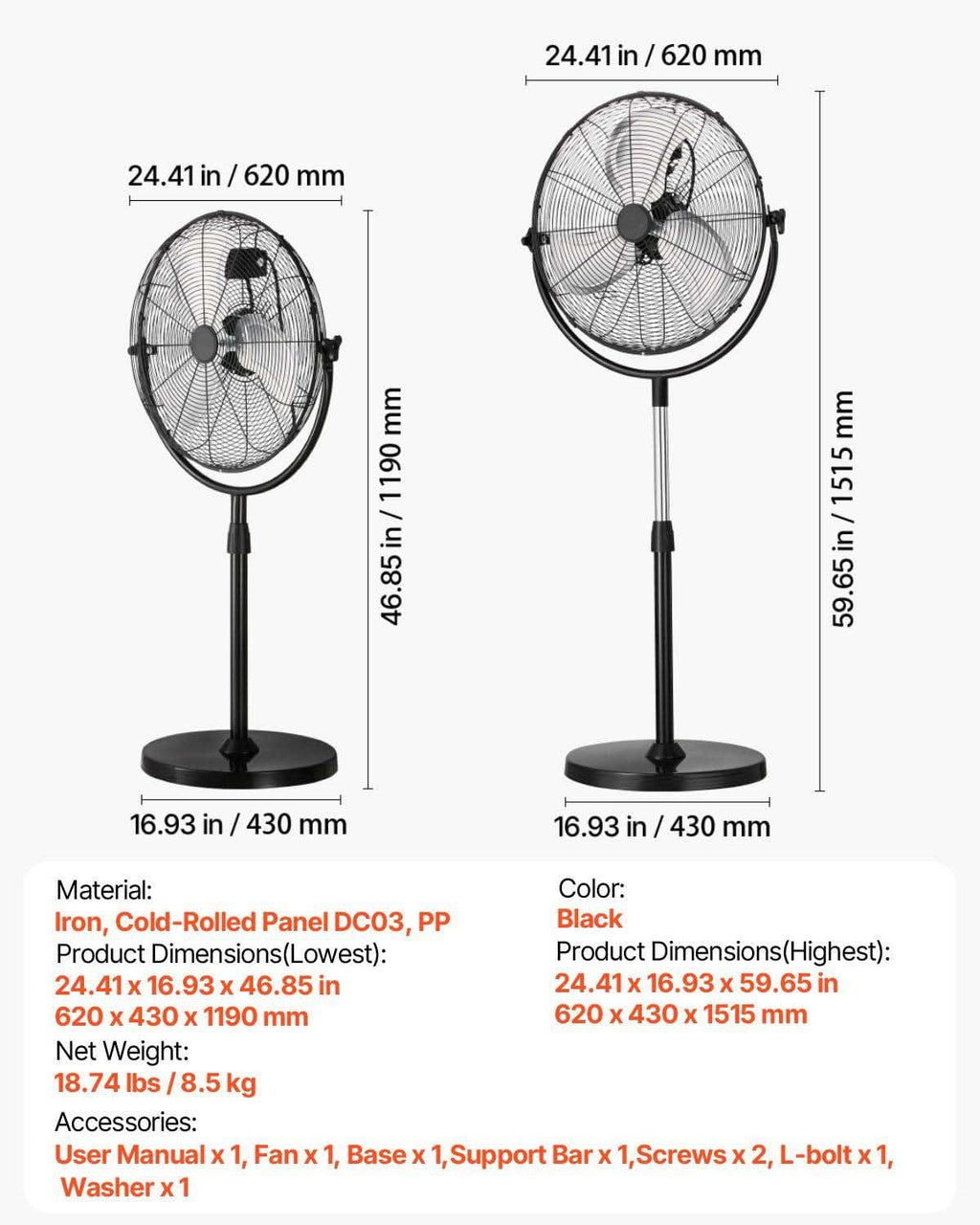 20 Inch 3 Speed Adjustable Height Pedestal Fan P710