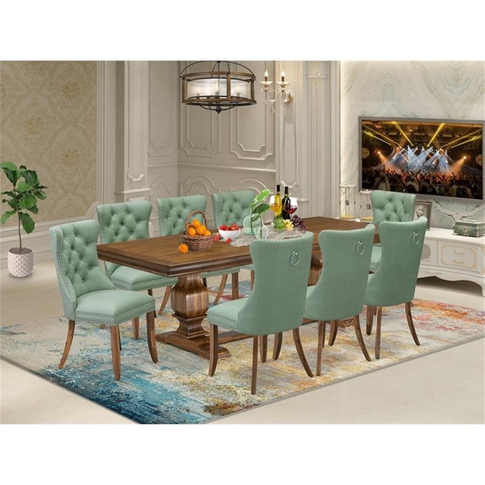 9-Piece Walnut Finish Acacia Wood Dining Room Set with Willow Green Faux Leather Upholstered Chairs J205267