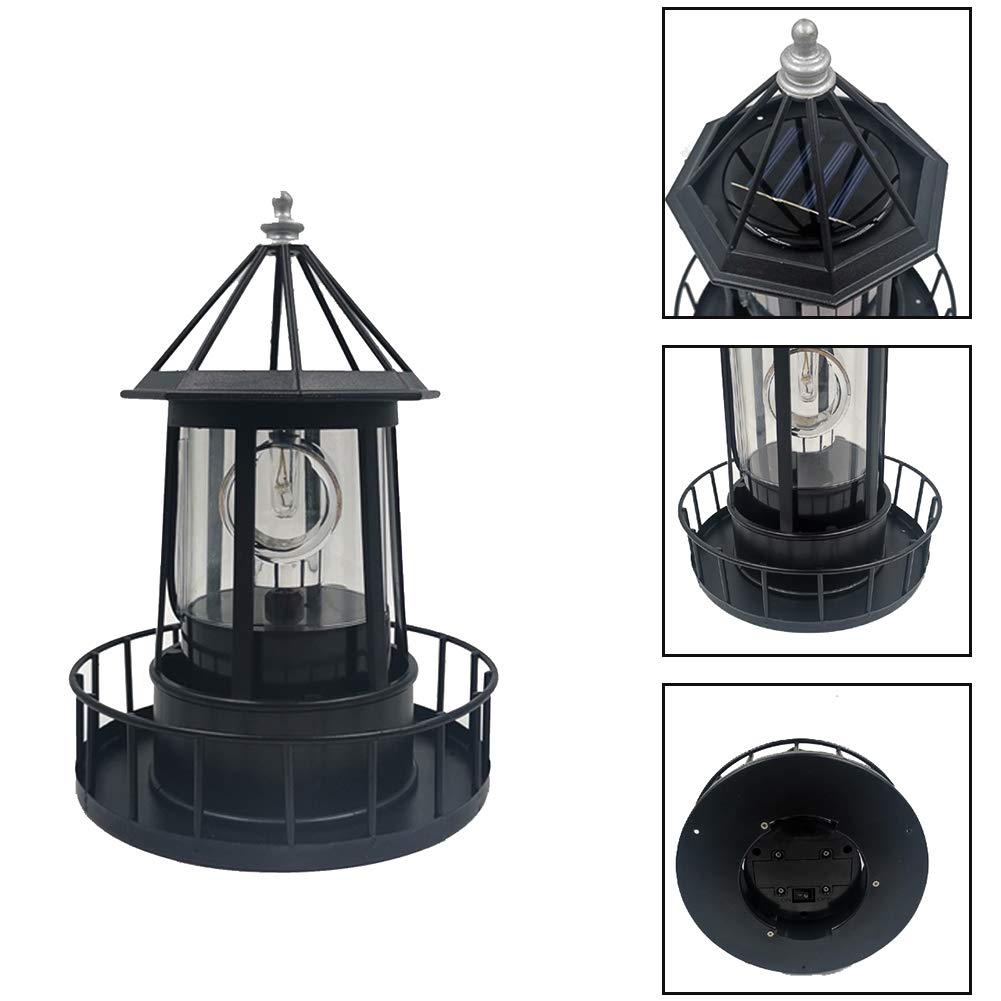 Black Solar Lighthouse Rotating Light IP65 Waterproof Outdoor LED Decor S11290