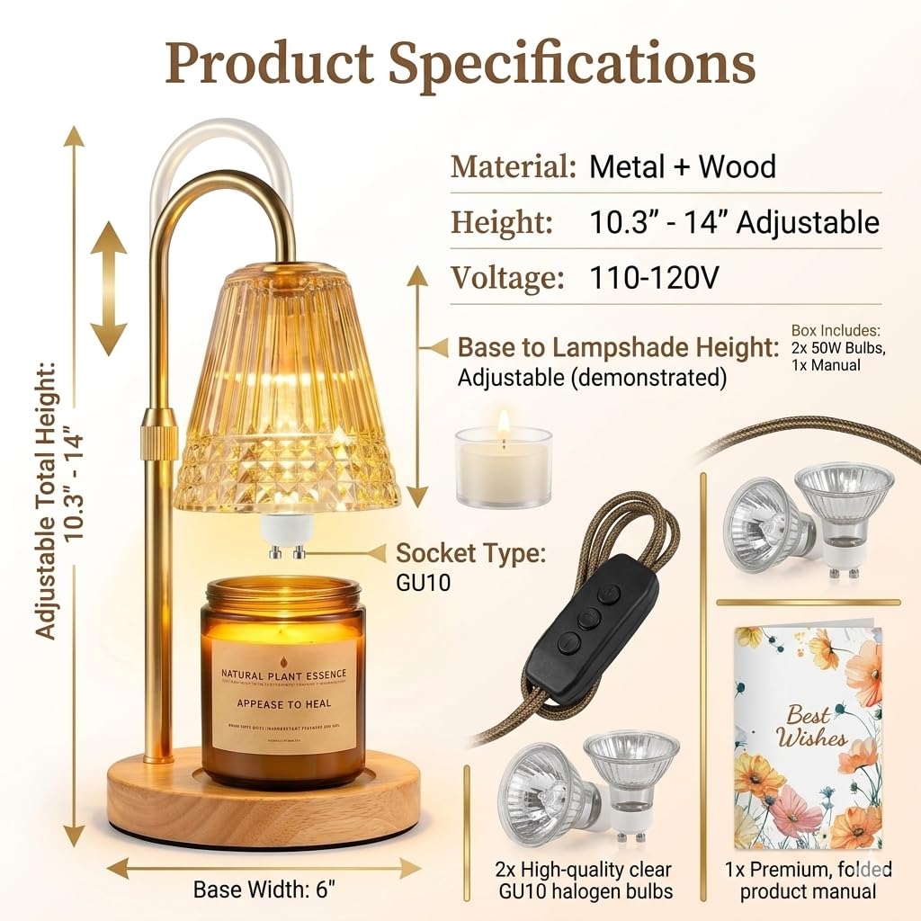 Dimmable Height Adjustable Candle Warmer Lamp with Timer W427