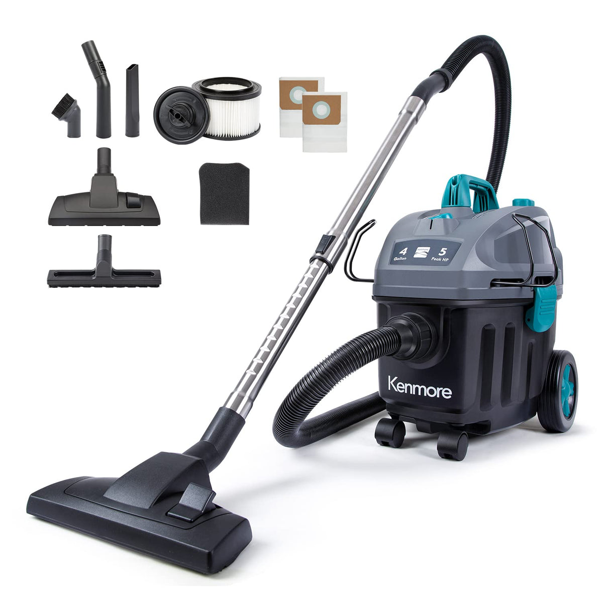 Wet Dry Canister Vacuum Cleaner 4 Gallon 5 Peak HP with Washable HEPA Filter N102