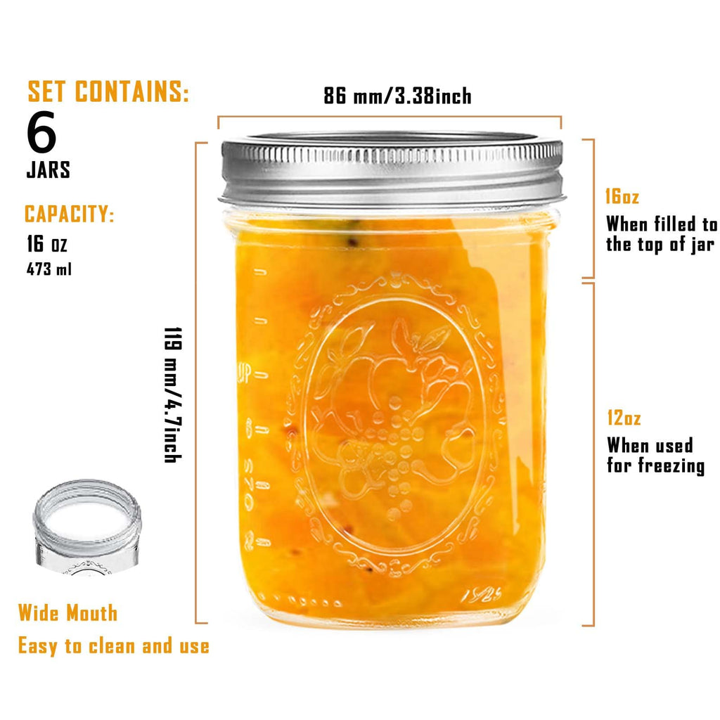 16 oz Wide Mouth Glass Mason Jars with Lids, 6 Pack N30239