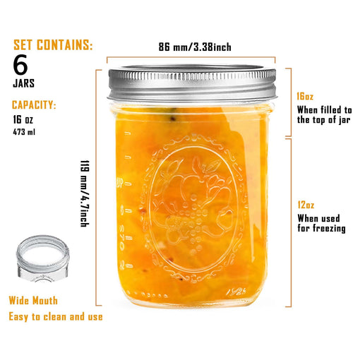 16 oz Wide Mouth Glass Mason Jars with Lids, 6 Pack N30239
