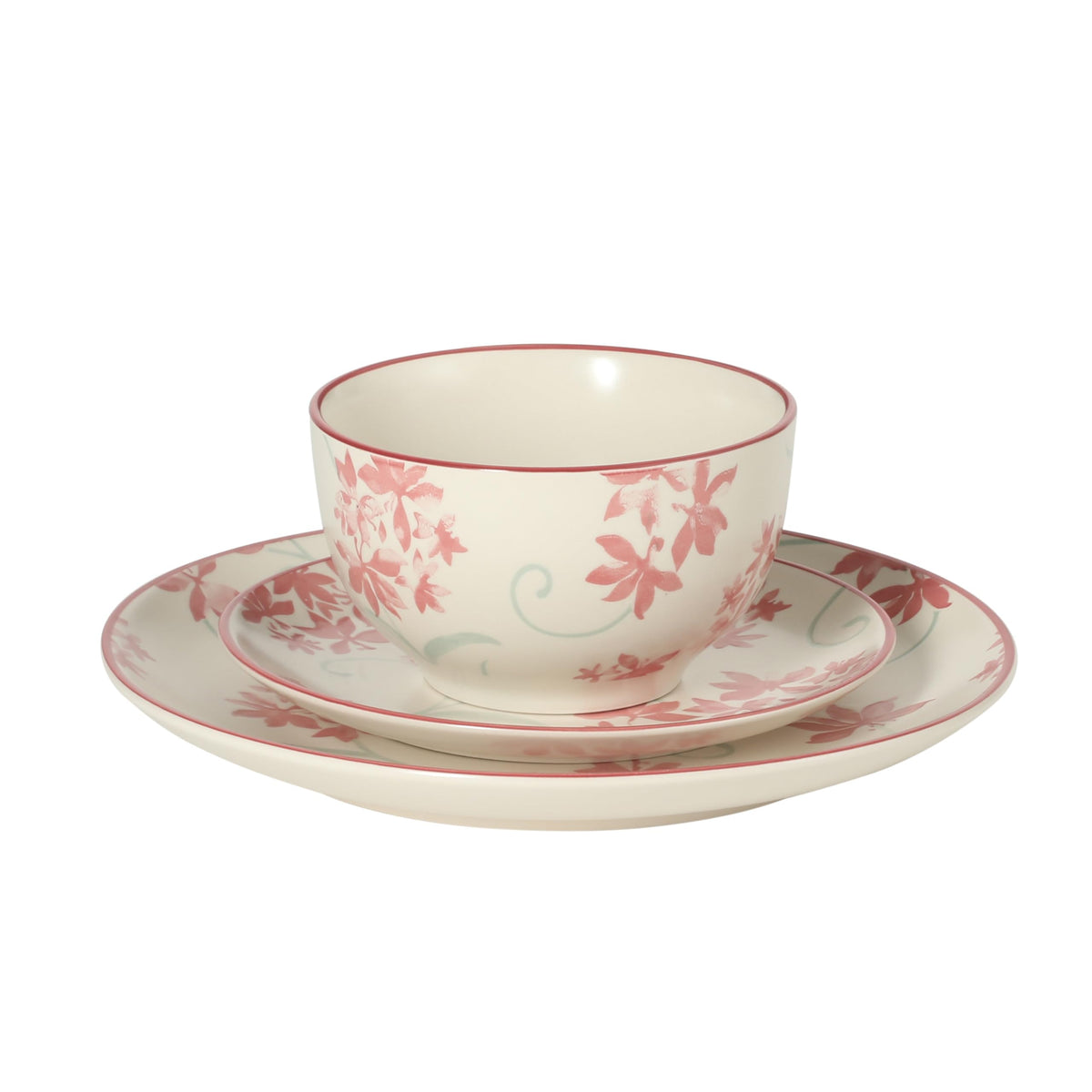 12-Piece Matte Stoneware Dinnerware Set with Pink Floral Pattern M4945