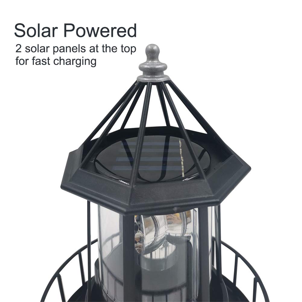 Black Solar Lighthouse Rotating Light IP65 Waterproof Outdoor LED Decor S11290