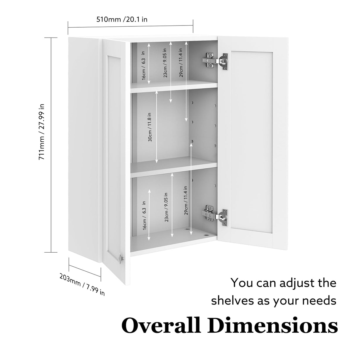 Wall Mounted White Bathroom Storage Cabinet 20x28 inch N828