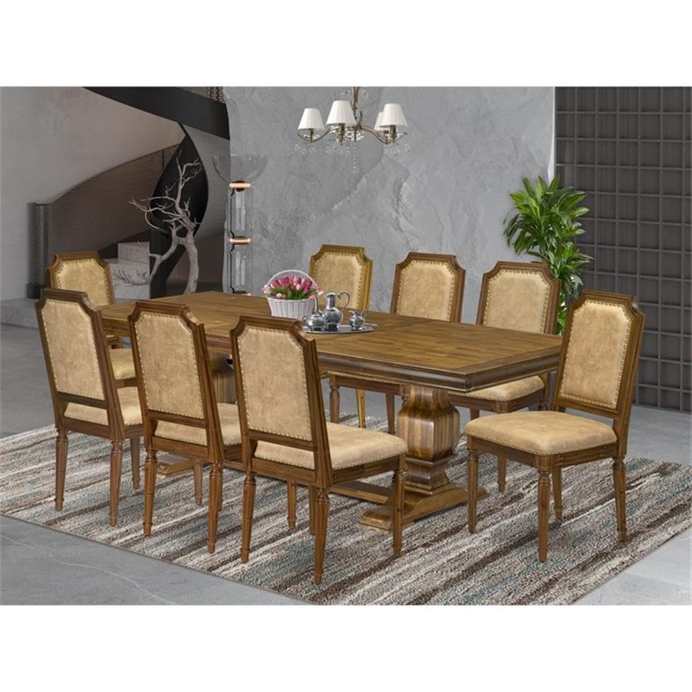 9-Piece Acacia Wood Dining Set with Beige PU Leather Chairs L96979