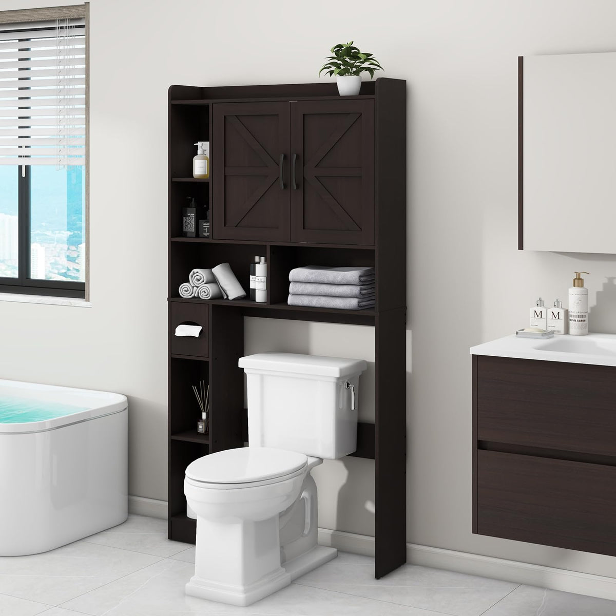 Over The Toilet Storage Cabinet with 2 Barn Doors, Espresso X306780