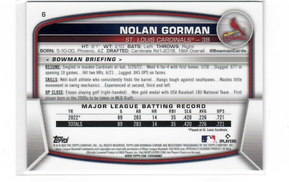 2023 Bowman Chrome Mega Box Mojo Refractor Blue #6 Nolan Gorman RC - Rookie Card /150 St. Louis Cardinals Baseball NM-MT I31034