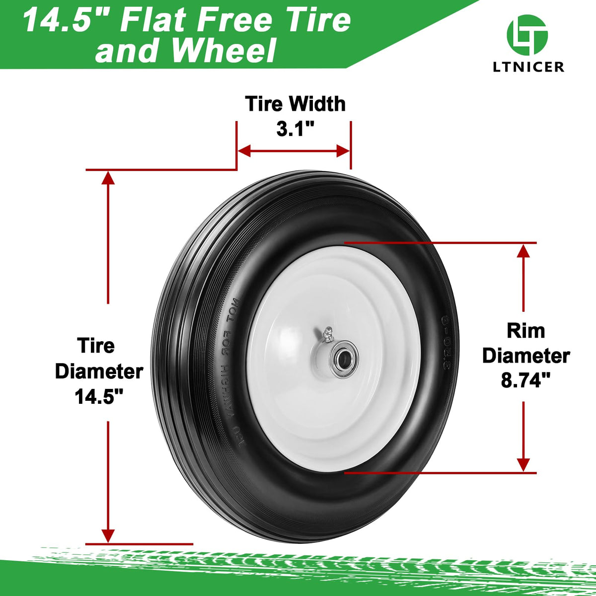 14.5" Flat Free Wheelbarrow Tire with 3/4" & 5/8" Bearing I651717