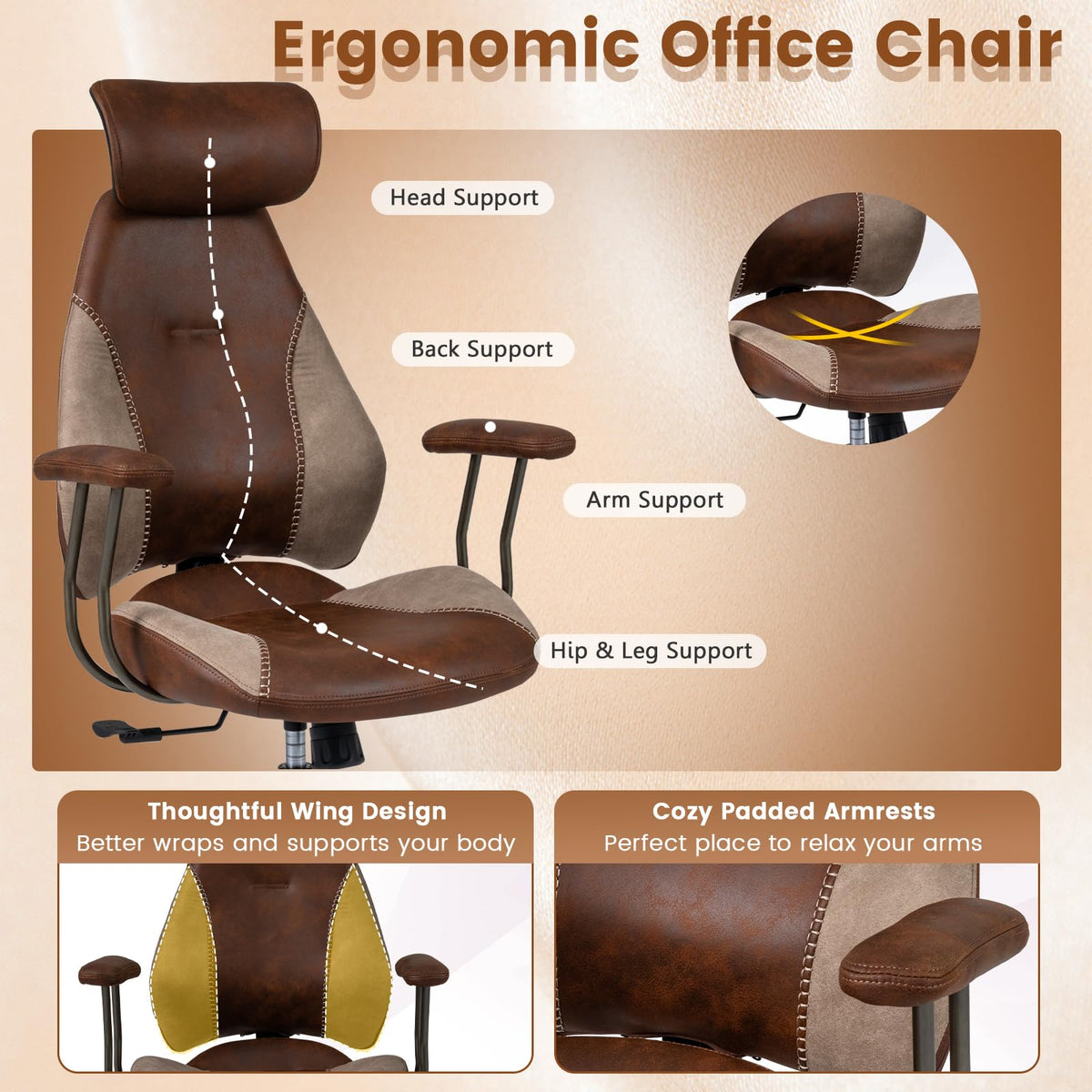 Brown Faux Fur Ergonomic Office Chair with Headrest and Wheels X675