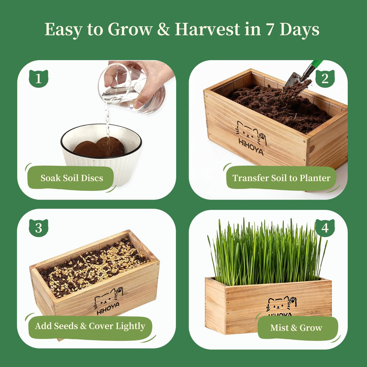 Cat Grass Kit with 5 Packets of Seeds, Wooden Planter, 6 Soil Discs, Trimming Scissors, Spray Bottle, and Mini Tools P5166