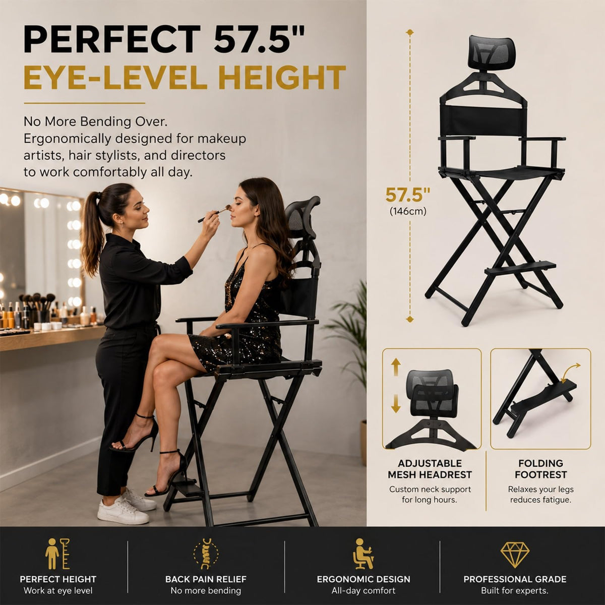 Tall Foldable Makeup Artist Chair with Footrest K8370