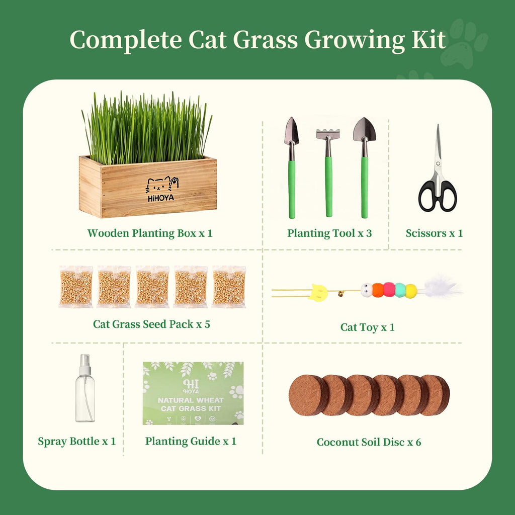 Cat Grass Kit with 5 Packets of Seeds, Wooden Planter, 6 Soil Discs, Trimming Scissors, Spray Bottle, and Mini Tools P5166