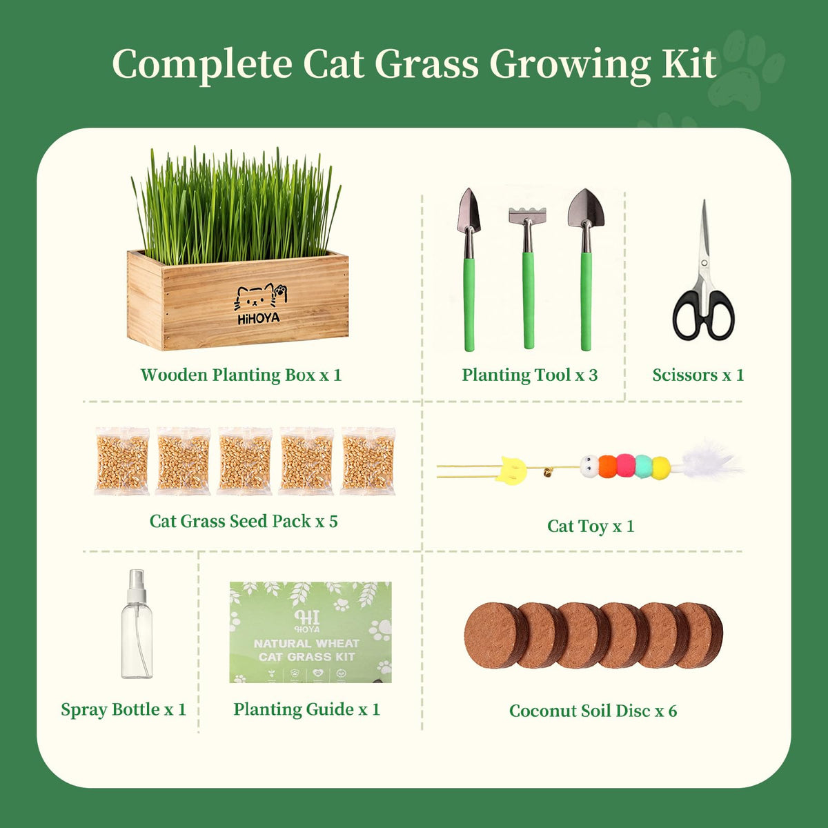 Cat Grass Kit with 5 Packets of Seeds, Wooden Planter, 6 Soil Discs, Trimming Scissors, Spray Bottle, and Mini Tools P5166