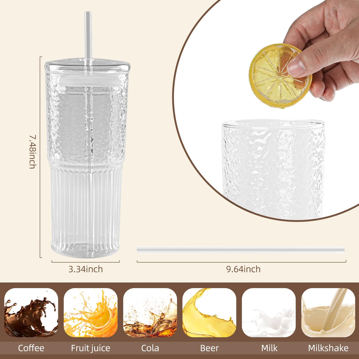 20 oz Glass Cups with Lids and Straws Z555810