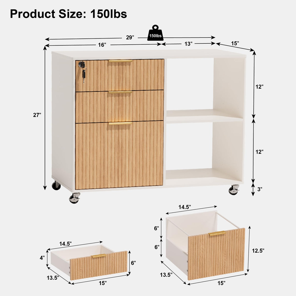 3 Drawer Fluted Mobile Filing Cabinet with Lock Z6686