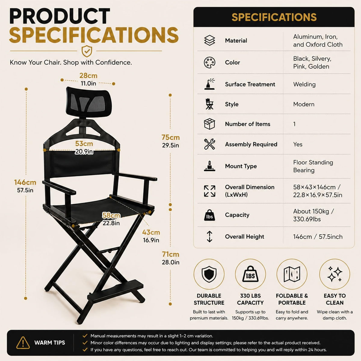 Tall Foldable Makeup Artist Chair with Footrest K8370