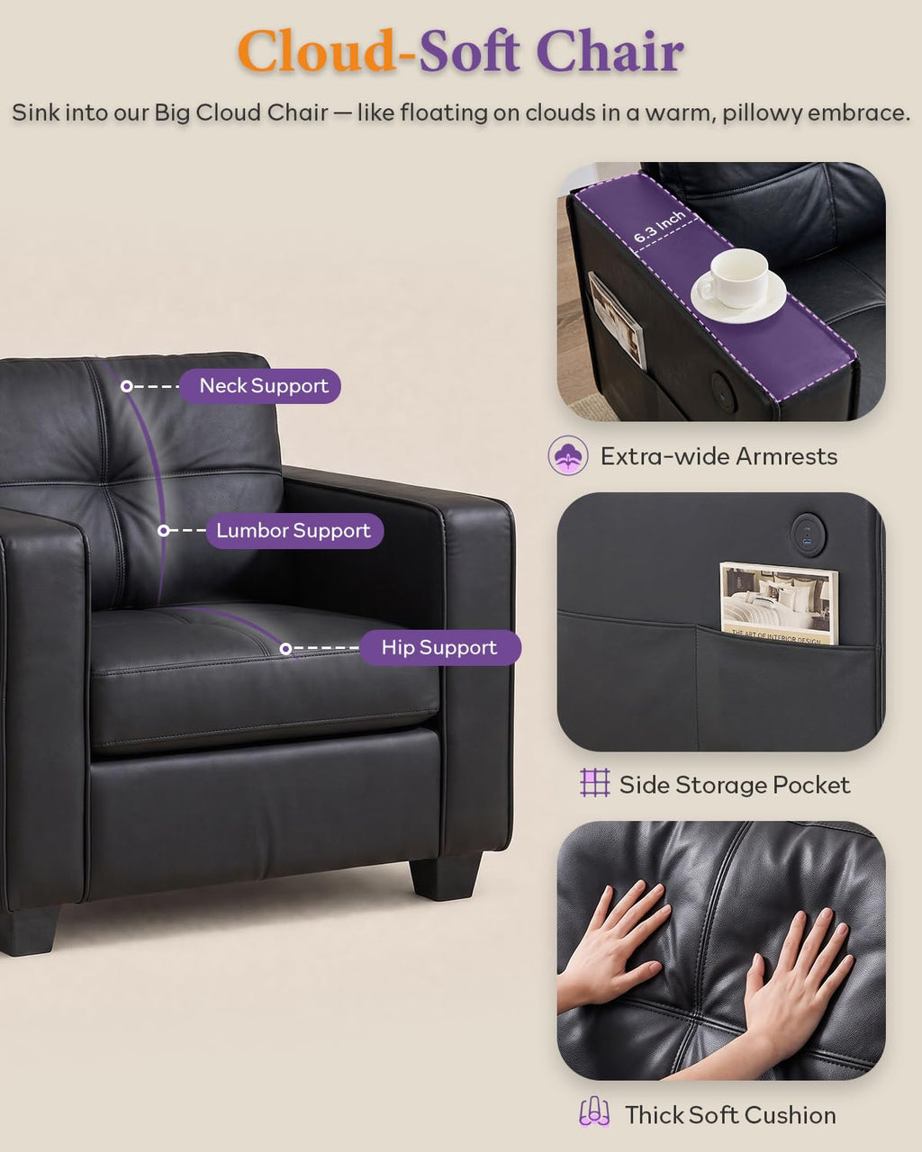 Black Faux Leather Oversized Tufted Accent Chair F1158