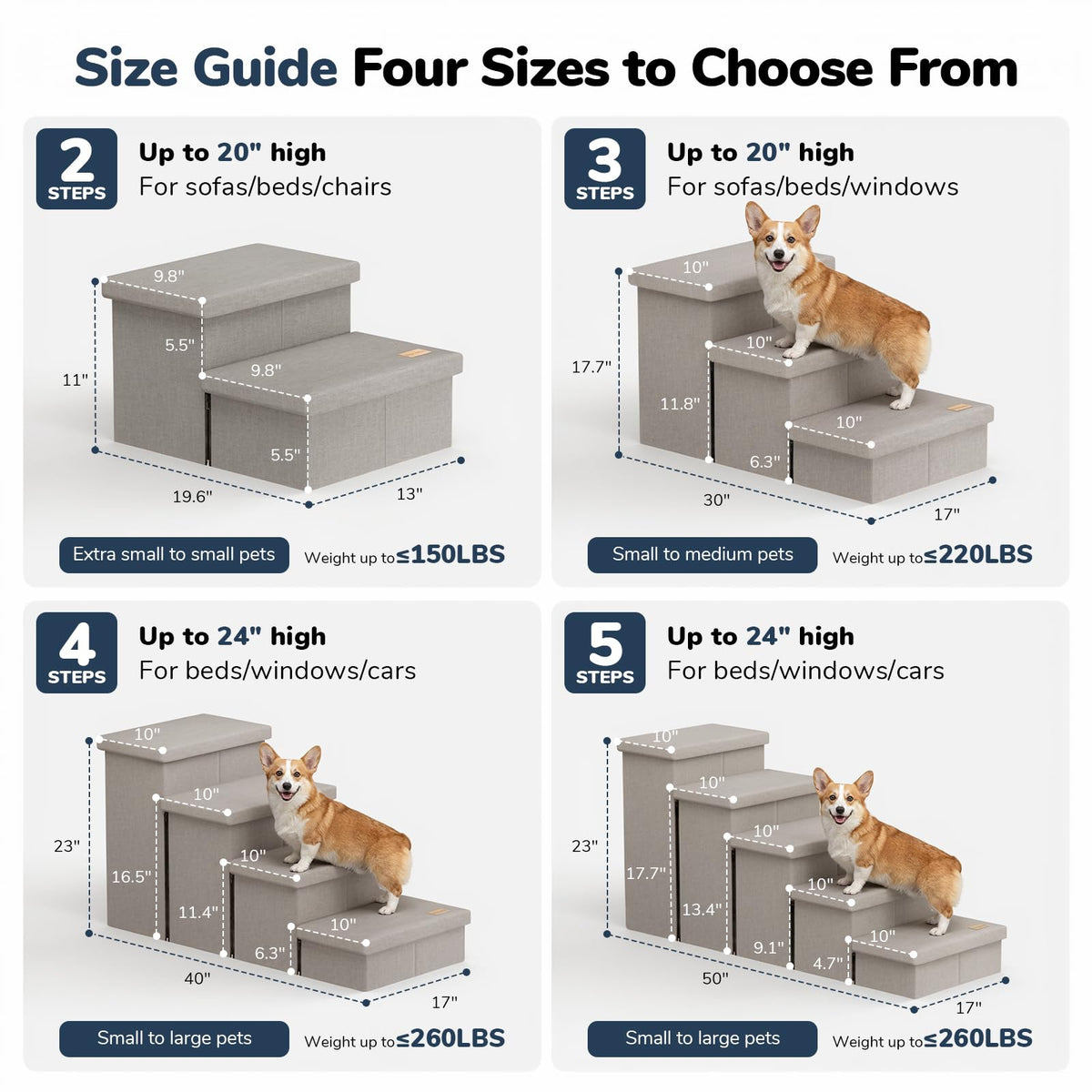2-Step Wide Dog Stairs with Storage, Non-Slip Foldable Pet Steps, Grey N89836