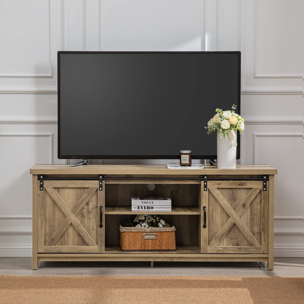 Light Grey Farmhouse TV Stand with Sliding Barn Doors G358