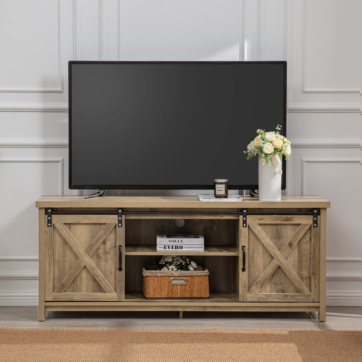 Light Grey Farmhouse TV Stand with Sliding Barn Doors G358