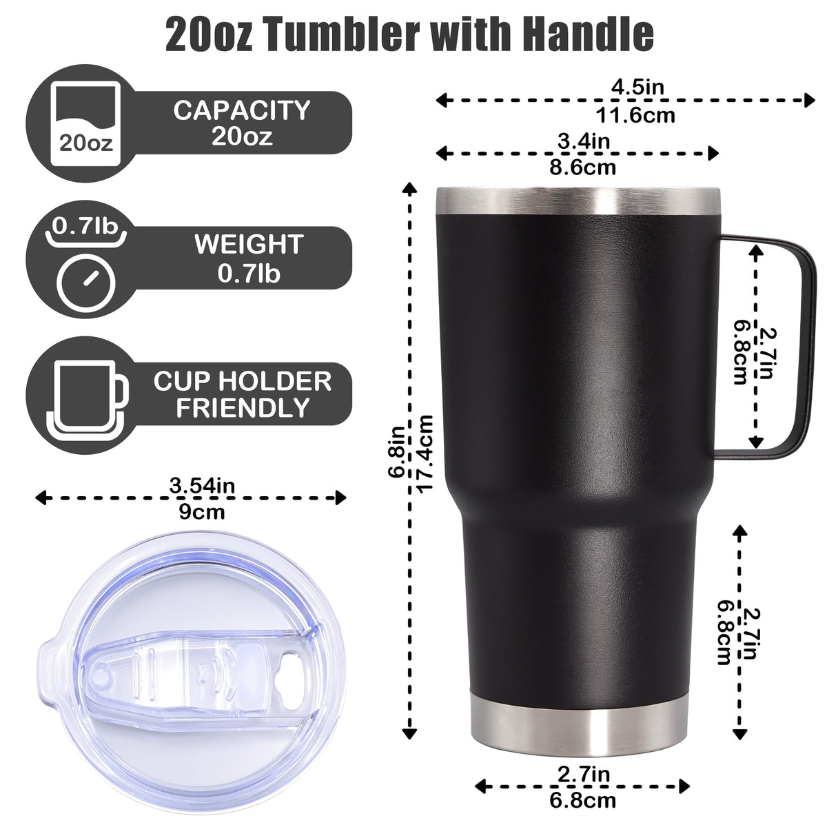 20 oz Black Tumbler with Handle and Lid M233