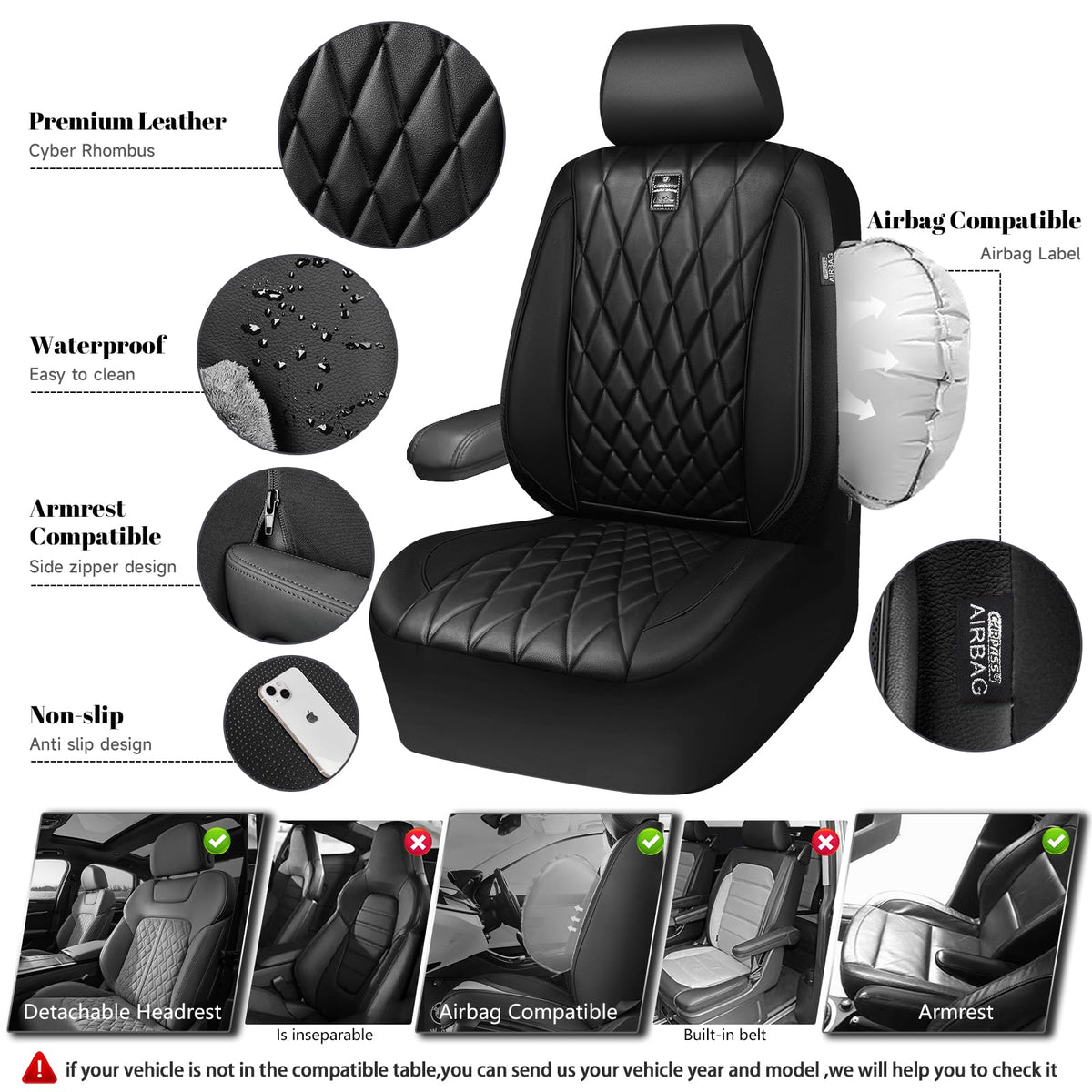 5 Seats Faux Leather Seat Covers Full Set Pure Black Z75454