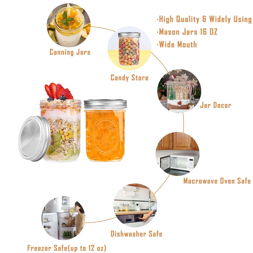 16 oz Wide Mouth Glass Mason Jars with Lids, 6 Pack N30239
