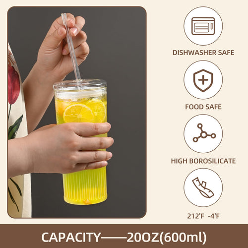 20 oz Glass Cups with Lids and Straws Z555810