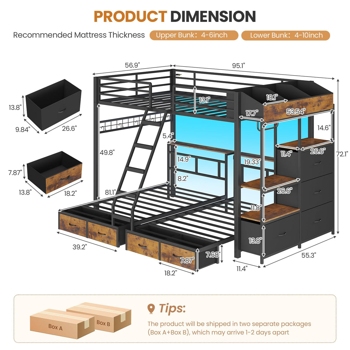 Black Triple Bunk Bed with 8 Storage Drawers and Stair C93957