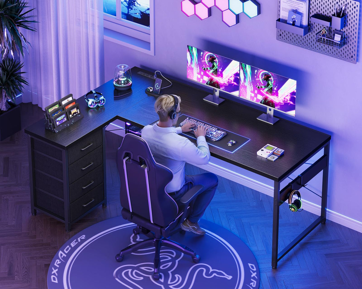 61" L Shaped Gaming Desk with 4 Drawers and Power Outlets, Black F384