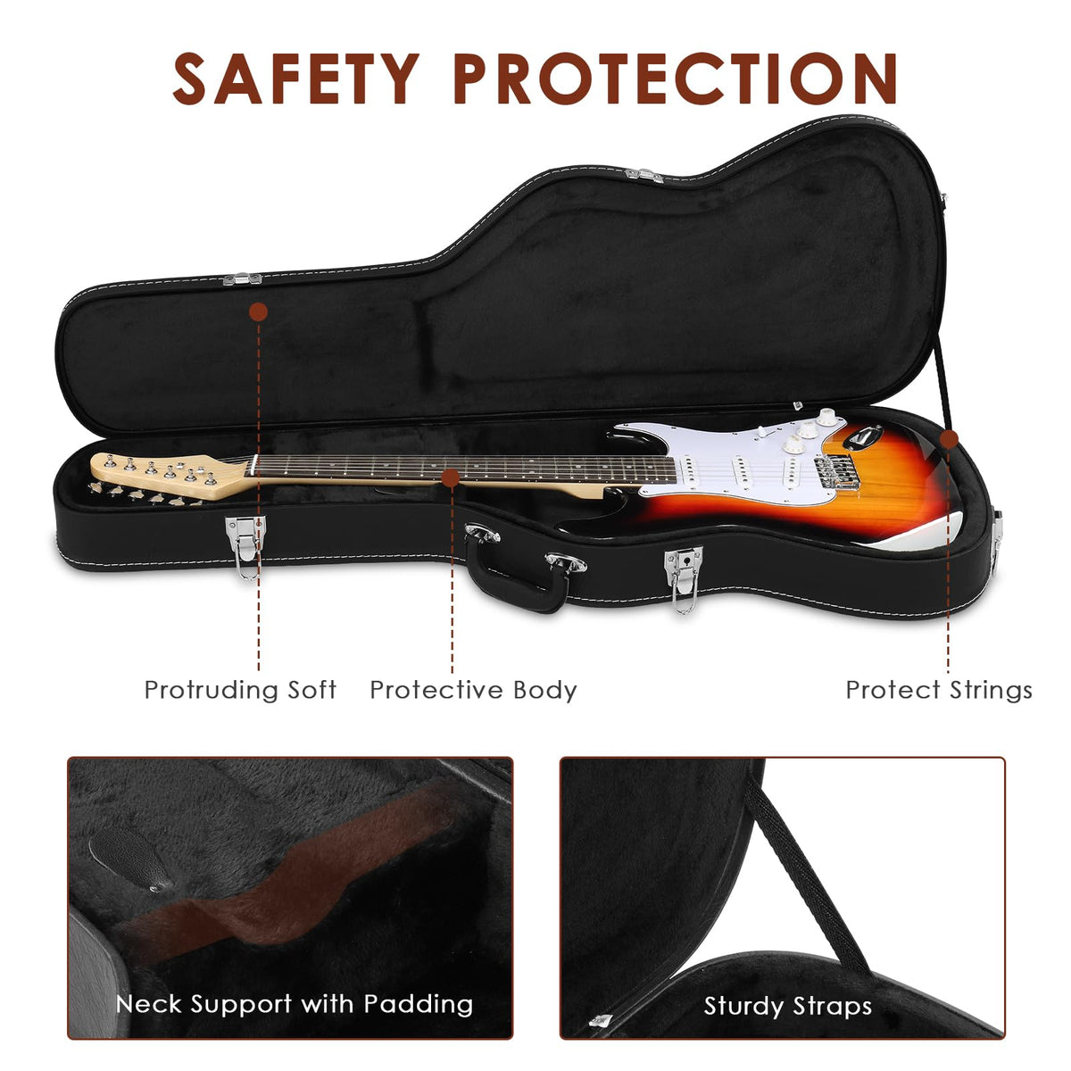 39 Inch Wooden Electric Guitar Hard Case with Soft Lining, Black L60248