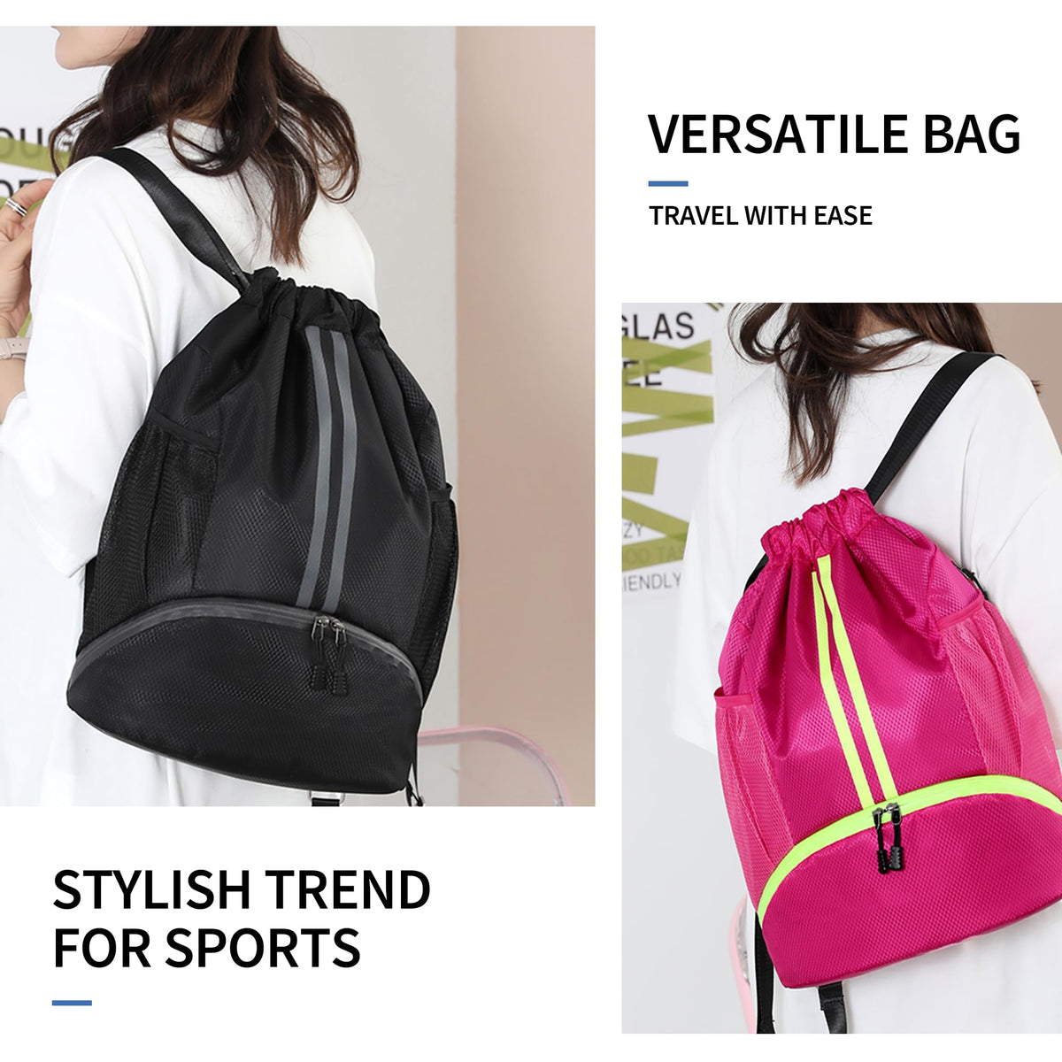 Drawstring Backpack Gym Bag with Shoes Compartment M607295
