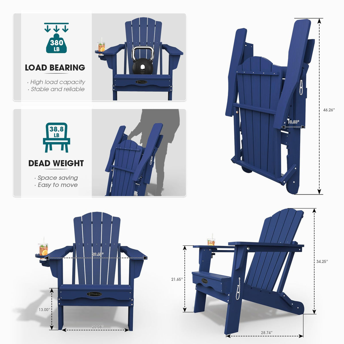 Folding Adirondack Chair Set of 2 HDPE All-Weather Outdoor Chair V969101