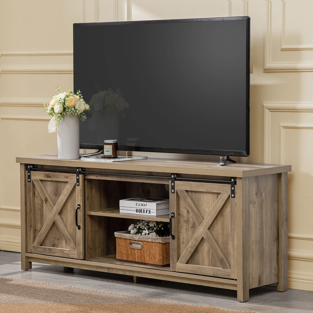 Light Grey Farmhouse TV Stand with Sliding Barn Doors G358