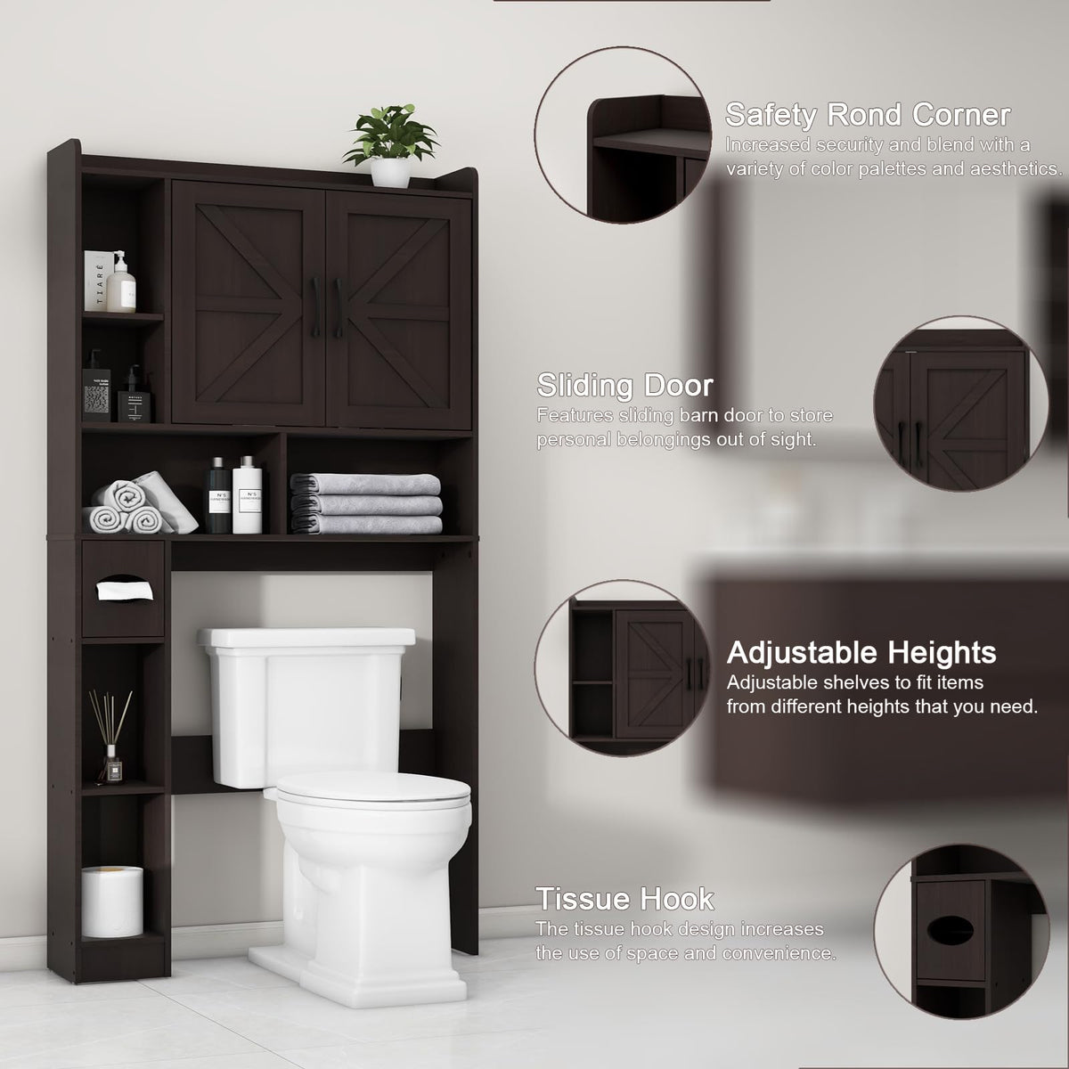 Over The Toilet Storage Cabinet with 2 Barn Doors, Espresso X306780