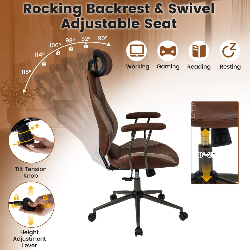 Brown Faux Fur Ergonomic Office Chair with Headrest and Wheels X675