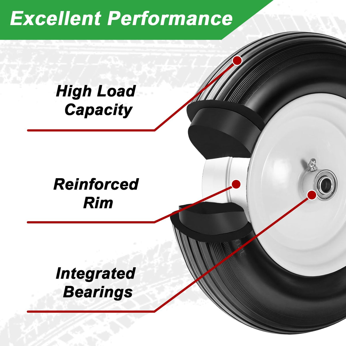 14.5" Flat Free Wheelbarrow Tire with 3/4" & 5/8" Bearing I651717