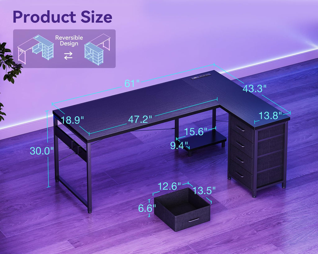 61" L Shaped Gaming Desk with 4 Drawers and Power Outlets, Black F384
