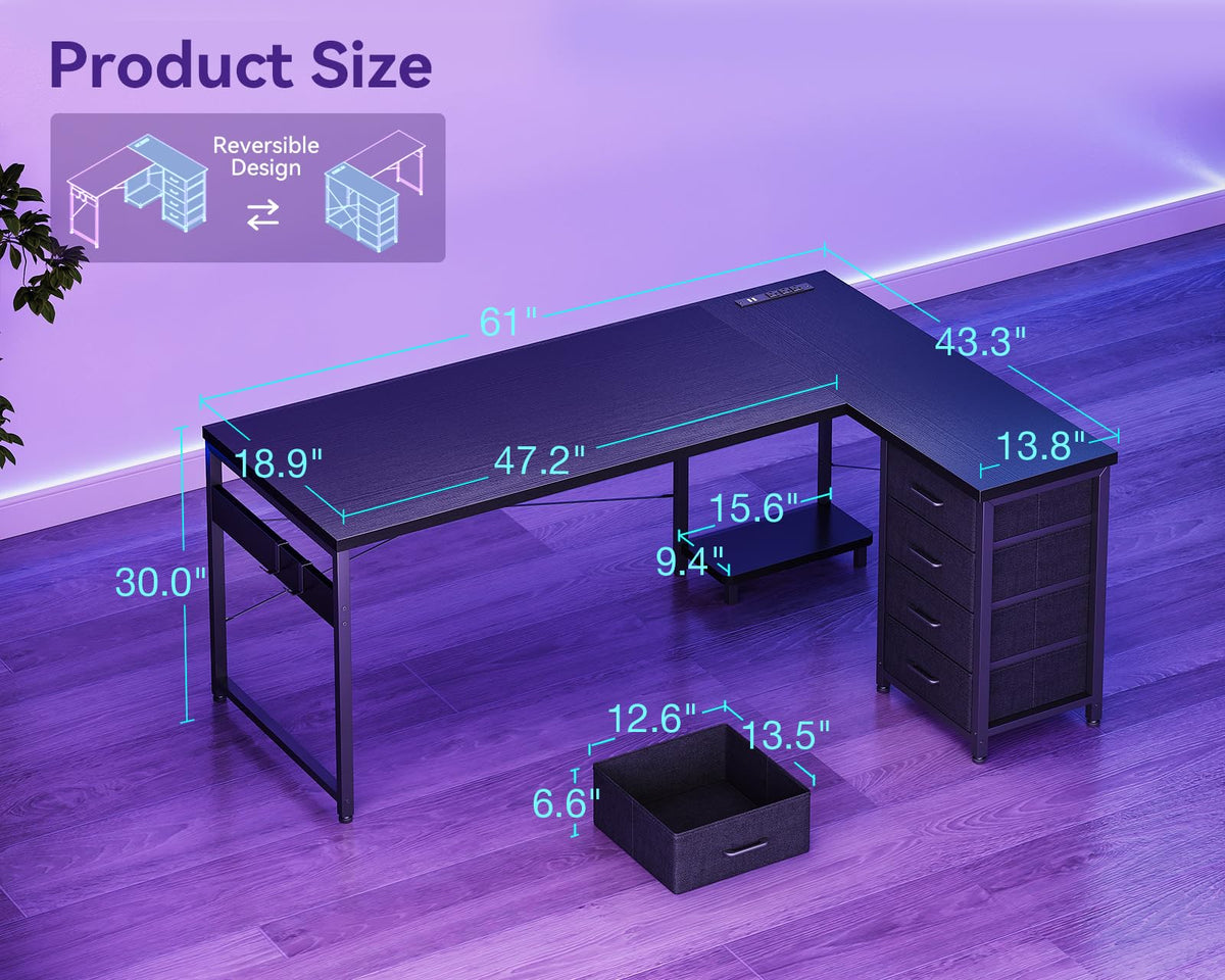 61" L Shaped Gaming Desk with 4 Drawers and Power Outlets, Black F384