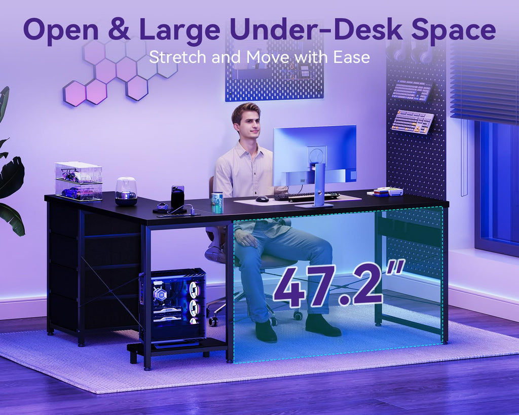 61" L Shaped Gaming Desk with 4 Drawers and Power Outlets, Black F384