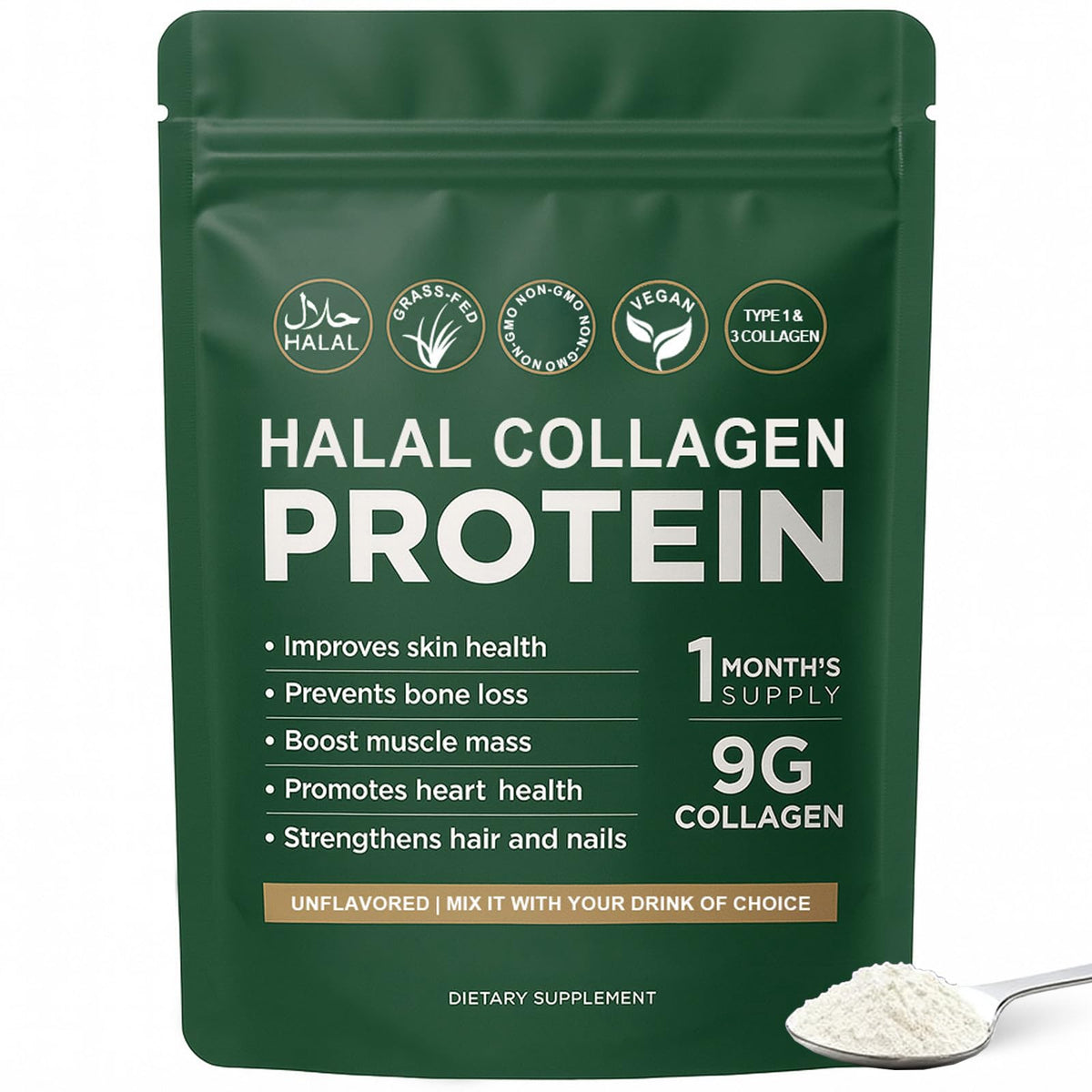 Halal Collagen Protein Powder, Grass Fed Organic Hydrolyzed Peptides, Unflavoured, 30 Servings R826818