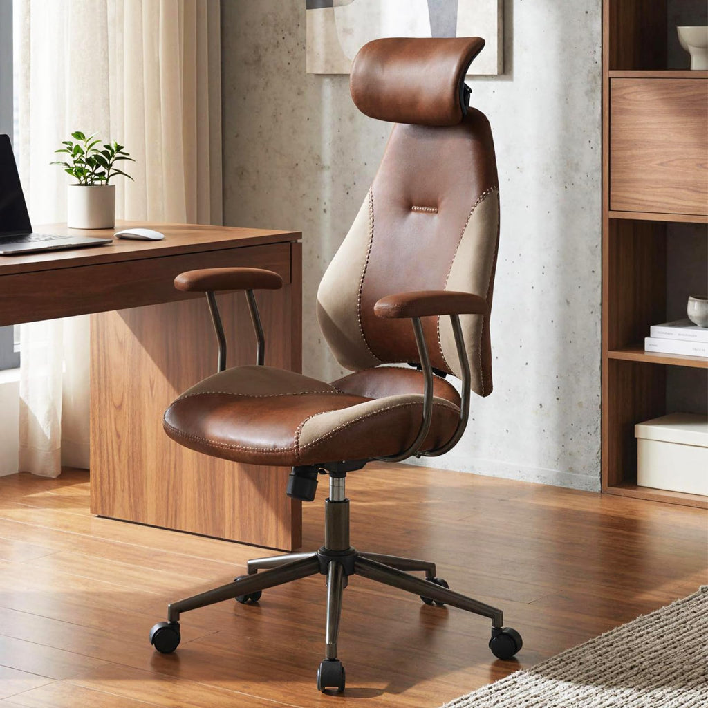 Brown Faux Fur Ergonomic Office Chair with Headrest and Wheels X675