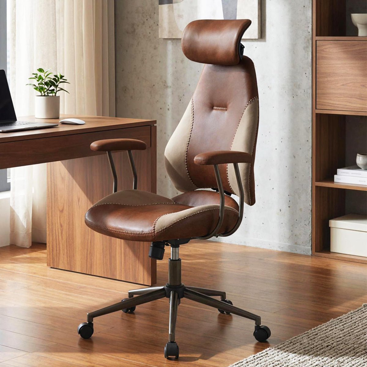 Brown Faux Fur Ergonomic Office Chair with Headrest and Wheels X675