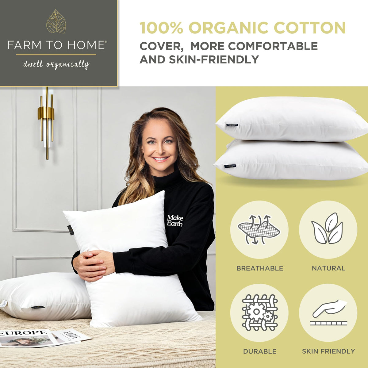Feather and Down Pillows, 100% Organic Cotton Cover P660496